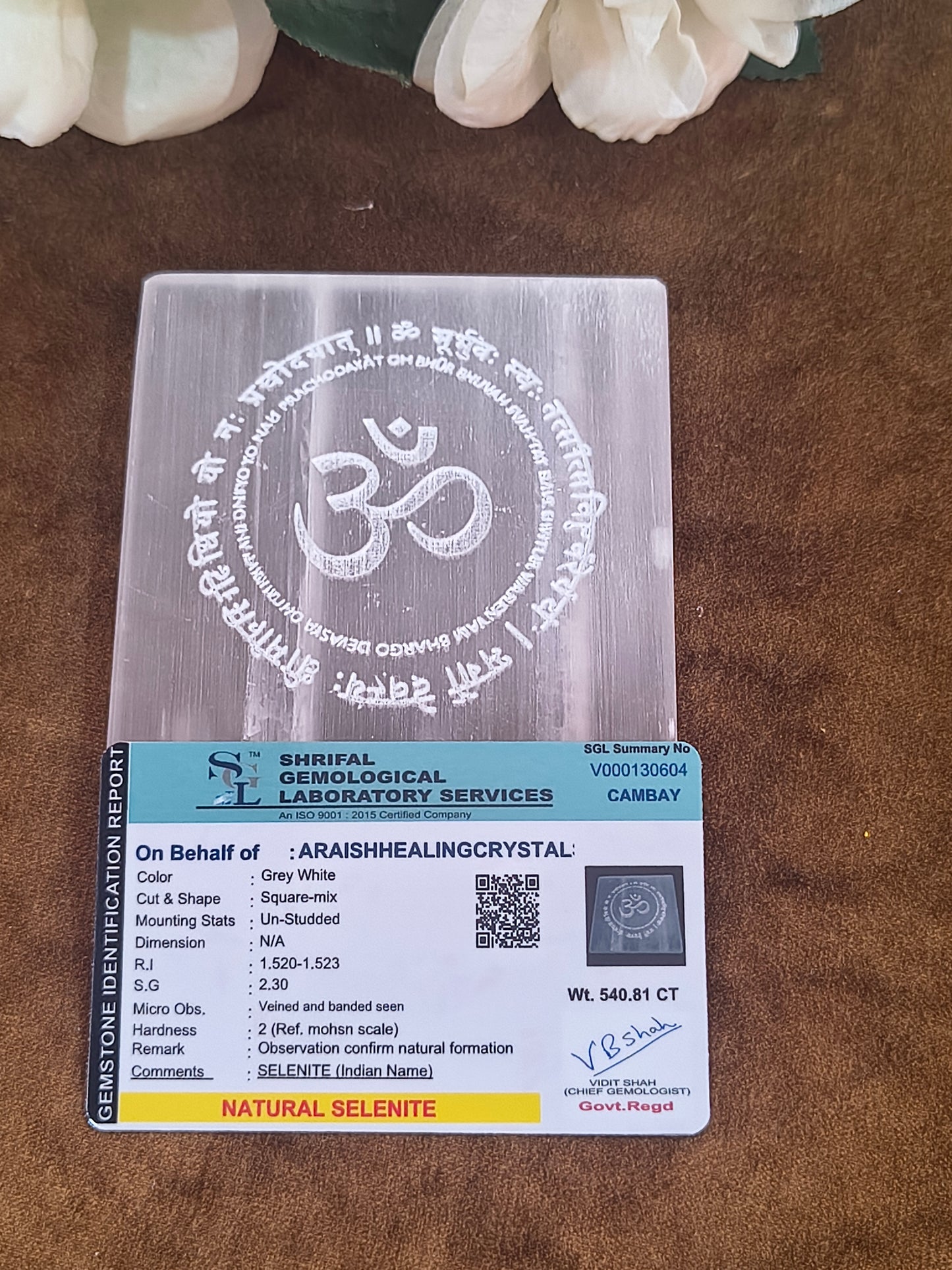 Om Gayatri Mantra Selanite Plate{With Certificate}