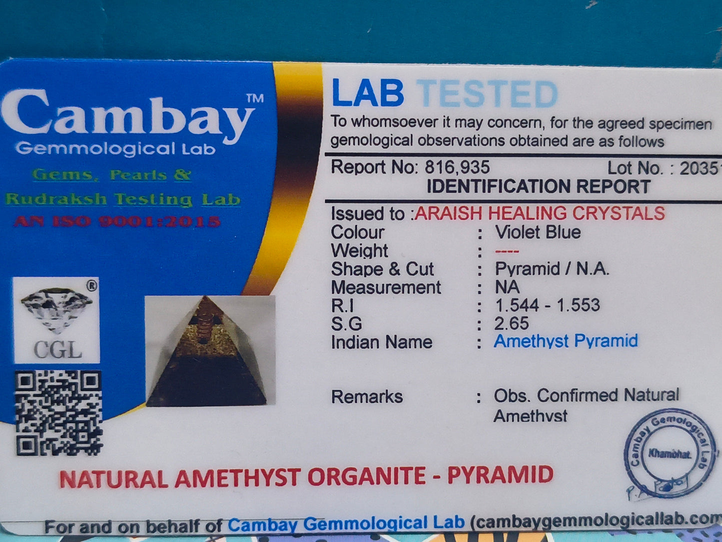 Amethyst Orgone Pyramid: Spiritual Insight, Calm, & Protection{With Certificate}