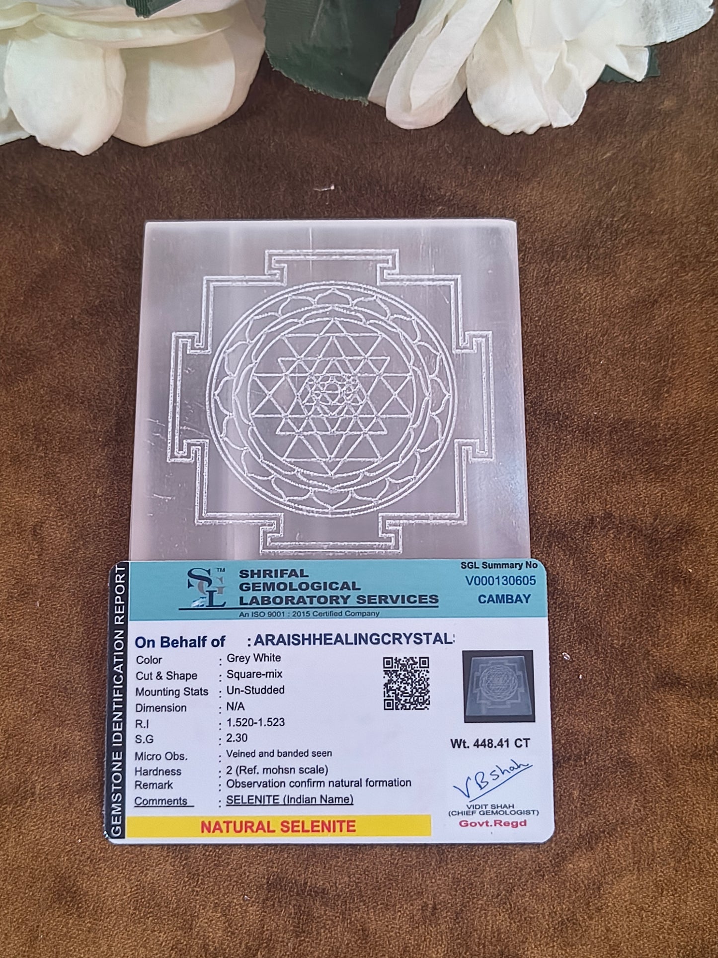 Etched Sri Yantra Selenite Plate{With Certificate}